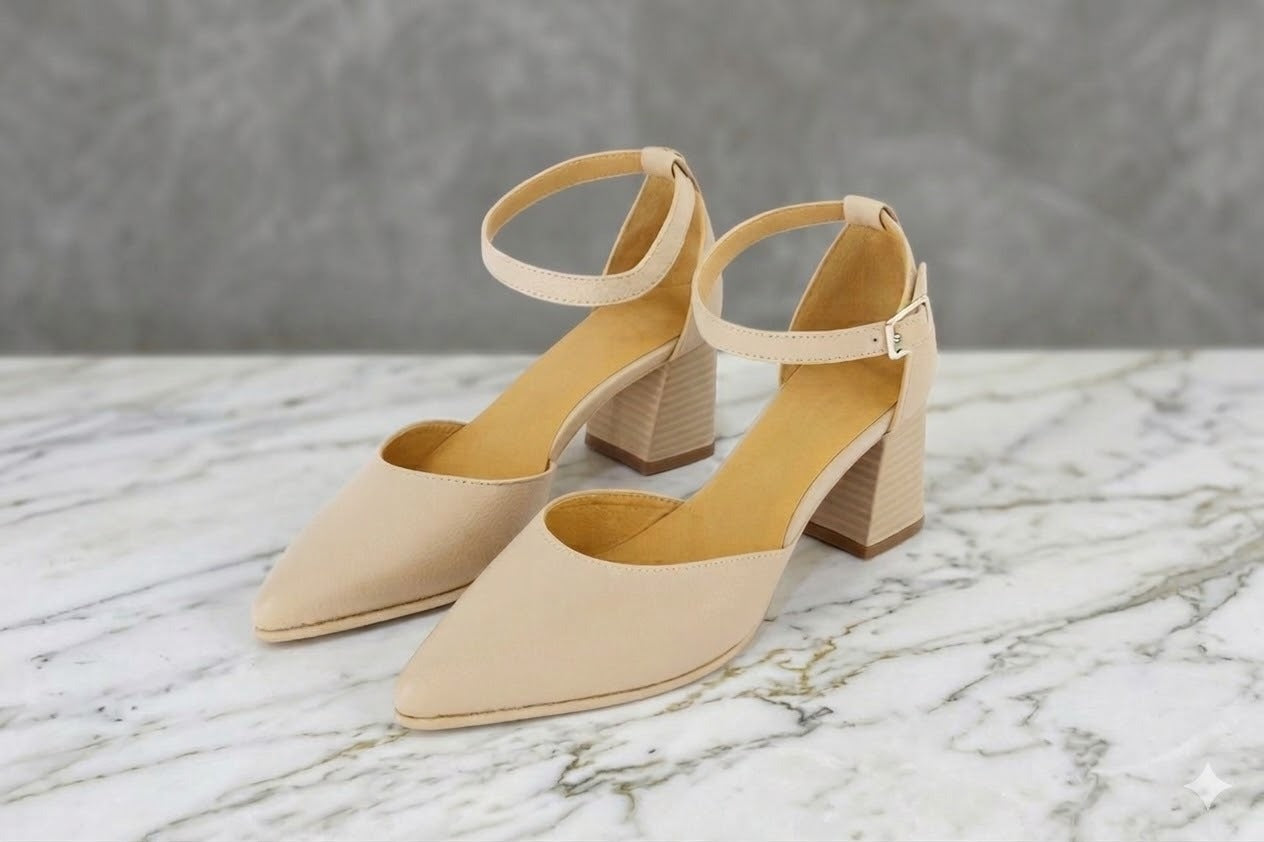 Beige high-heeled shoes on a marble surface with a gray background